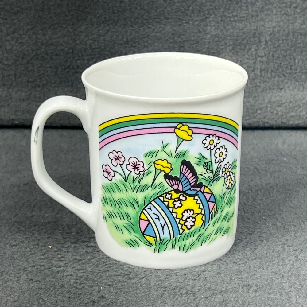 Easter Mug‎ Rainbow Butterfly Flowers Decorated Egg Ceramic Coffee Cup